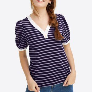 Draper James V-Neck Puff Sleeve T-Shirt in Nassau Navy Nautical Stripe
